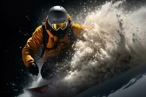 Athlet Snowboarden im Schnee Wald generativ ai foto