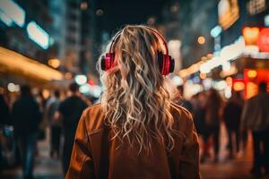 Mädchen im Kopfhörer im das Abend Stadt zurück Aussicht generativ ai foto