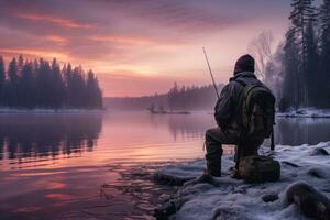 ein Mann auf das Bank bewundert das Winter Fluss generativ ai foto