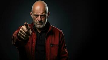 Porträt von ein alt kahl Mann im ein rot Jacke zeigen Finger. wütend männlich Punkte seine Finger beim Du. foto