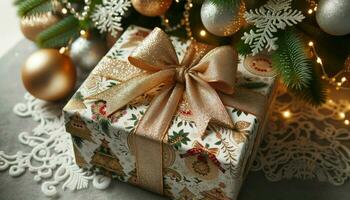 Nahansicht Bild von ein Weihnachten Geschenk, schön eingewickelt im dekorativ Papier, Prahlerei kompliziert festlich Muster.. generativ ai foto
