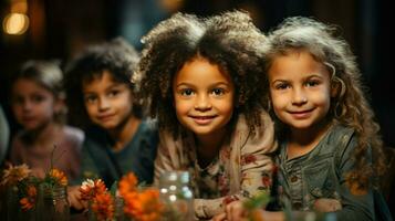 das fotografieren von anders Gruppen von Kinder zeigt ihr Harmonie, Freude, Momente von abspielen und Entdeckung.. generativ ai foto