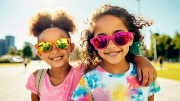 zwei wenig Jungs und Mädchen tragen bunt Brille. generativ ai foto