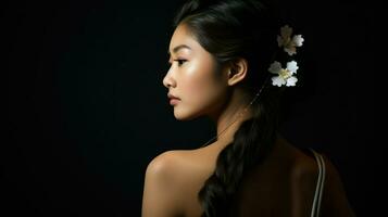 asiatisch jung Frau mit ein Blume Clip im ihr Haar. generativ ai foto