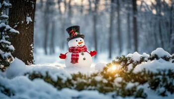 Winter Urlaub Weihnachten Hintergrund Banner - - Nahansicht von süß komisch Lachen Schneemann mit wolle Hut und Schal, auf schneebedeckt Schnee Schneelandschaft mit Bokeh Beleuchtung, generativ ai foto