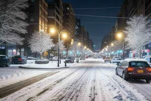 Nacht schneebedeckt Weihnachten Stadt Straße. Hintergrund. ai generativ Profi Foto