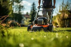 Mann Mähen das Rasen mit ein Rasen Mäher im das Garten. Gartenarbeit Konzept generativ ai foto