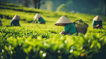 Tee pflücken beim das Tee Plantage beim das Stadt, Dorf von mae Salong Norden von das Stadt Chiang Rai im Norden Thailand. generativ ai foto