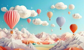 ein Illustration von Wolken und Luftballons im ein Papier Schnitt Stil ai generiert foto