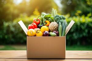 Box mit frisch organisch Gemüse und Früchte. gesund Essen Einkaufen Konzept. generativ ai foto