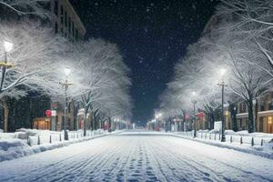 Nacht schneebedeckt Weihnachten Stadt Straße. Hintergrund. ai generativ Profi Foto