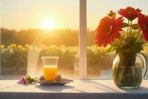 Fenster und Blume auf Tabelle verschwommen Hintergrund. ai generativ Profi Foto