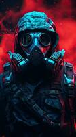 Fantasie Cyberpunk Charakter tragen Gas Maske mit Blau Thema. generativ ai foto
