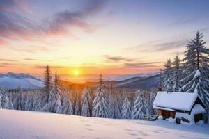 Winter mit frisch Schnee bedeckt Wälder und Berge beim Sonnenaufgang. Hintergrund. ai generativ Profi Foto