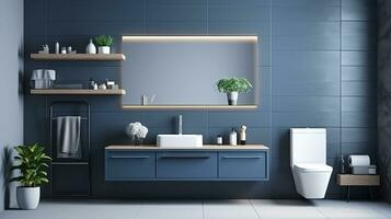 Innere von modern Badezimmer mit Blau Fliese Wände, gefliest Boden, komfortabel Badewanne und sinken mit Spiegel. generativ ai foto