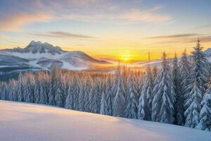 Winter mit frisch Schnee bedeckt Wälder und Berge beim Sonnenaufgang. Hintergrund. ai generativ Profi Foto