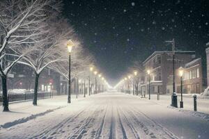 Nacht schneebedeckt Weihnachten Stadt Straße. Hintergrund. ai generativ Profi Foto