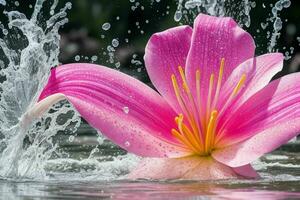 Wasser spritzt auf das Lilie Blume. Hintergrund. ai generativ Profi Foto