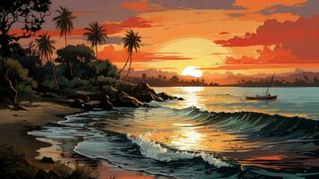 schön rot Sonnenuntergang auf das Strand beim Meer mit Palme Bäume und Sonne, Konzept zum Ferien und Ferien im tropisch warm Länder foto