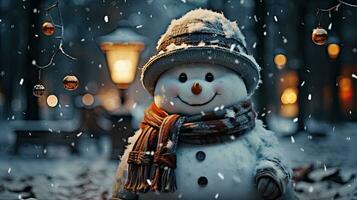 Weihnachten Winter Neu Jahr Urlaub Schneemann steht dekoriert auf das Schnee beim Nacht foto