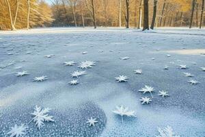 eisig gefallen Blätter mit glänzend Eis Frost im schneebedeckt Wald Park. Hintergrund. ai generativ Profi Foto