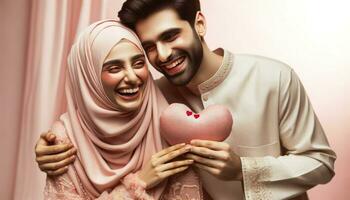 Nahansicht von ein Muslim Paar Treffen auf Valentinstag Tag. generativ ai foto