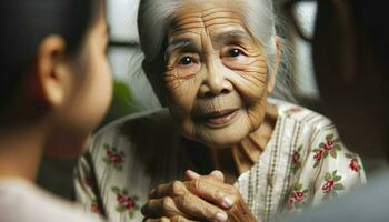 Nahansicht Foto von ein Süd asiatisch Alten Frau Teilen ein herzerwärmend Geschichte beim ein Familie sammeln, ihr Gesicht geätzt mit Linien von Weisheit und Erfahrung. generativ ai