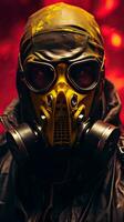 Fantasie Charakter tragen Gas Maske mit Gelb Cyberpunk Thema. generativ ai foto