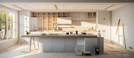 vorbereiten Küche zum Installation von Benutzerdefiniert Neu Eigenschaften im modern Zuhause Verbesserung foto