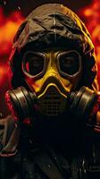 Fantasie Charakter tragen Gas Maske mit Gelb Cyberpunk Thema. generativ ai foto