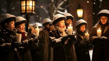 ai generativ Menschen, Kinder und Erwachsene von anders ethnische Zugehörigkeit und Kultur, Singen Weihnachten Weihnachtslieder durch Nacht mit Kerze im ihr Hände foto