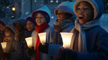 ai generativ Menschen, Kinder und Erwachsene von anders ethnische Zugehörigkeit und Kultur, Singen Weihnachten Weihnachtslieder durch Nacht mit Kerze im ihr Hände foto