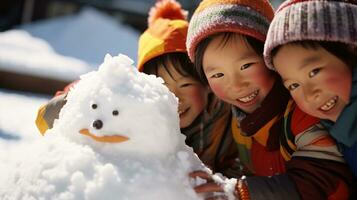 ai generativ Kinder von anders Ethnien Gebäude Schneemann im Park mit groß Schnee Decke foto