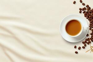 Tasse von Kaffee auf ein Weiß Hintergrund, leeren Raum zum Design, Körner, Oberfläche, Banner foto