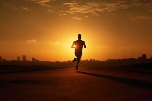 Silhouette von ein jung Fitness Mann Laufen auf Sonnenaufgang ai generativ foto