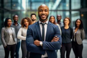 ein afrikanisch Geschäftsmann im ein passen mit und ein Gruppe von Menschen im das Hintergrund Mannschaft Führer Konzept ai generativ foto