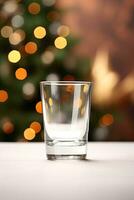 leer Glas Schuss zum alkoholisch Getränke mit verwischen Weihnachten Hintergrund Attrappe, Lehrmodell, Simulation ai generiert foto