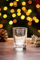 leer Glas Schuss zum alkoholisch Getränke mit verwischen Weihnachten Hintergrund Attrappe, Lehrmodell, Simulation ai generiert foto