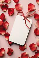 modern leer Valentinstag Geschenk Etikett Attrappe, Lehrmodell, Simulation mit rot Rose Blätter Blütenblätter ai generiert foto