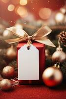 Weihnachten Geschenk Box mit leer Etikett Attrappe, Lehrmodell, Simulation und verwischen Bokeh Licht ai generiert foto