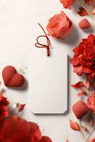 modern leer Valentinstag Geschenk Etikett Attrappe, Lehrmodell, Simulation mit rot Rose Blätter Blütenblätter ai generiert foto