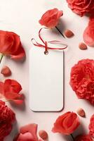 modern leer Valentinstag Geschenk Etikett Attrappe, Lehrmodell, Simulation mit rot Rose Blätter Blütenblätter ai generiert foto