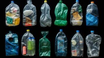 Recycling Plastik Taschen Sammlung gefüllt mit recycelbar Flaschen Büchsen und Müll ai generiert foto
