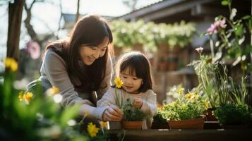 lächelnd Mutter und Tochter nehmen Pflege von Blumen während Gartenarbeit beim Bauernhof ai generiert foto