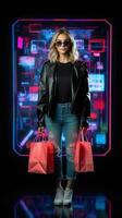 voll Körper Frau im Neon- Licht Cyberpunk dunkel Hintergrund mit Einkaufen Taschen im schwarz Freitag Der Umsatz Konzept ai generiert foto