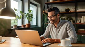 männlich Freiberufler Arbeiten auf Laptop beim Zuhause oder Arbeit von Zuhause Konzept ai generiert foto