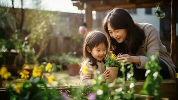 lächelnd Mutter und Tochter nehmen Pflege von Blumen während Gartenarbeit beim Bauernhof ai generiert foto