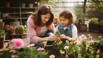 lächelnd Mutter und Tochter nehmen Pflege von Blumen während Gartenarbeit beim Bauernhof ai generiert foto