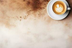 Tasse von Kaffee auf ein Weiß Hintergrund, leeren Raum zum Design, Körner, Oberfläche, Banner foto