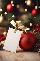 Weihnachten Geschenk Box mit leer Etikett Attrappe, Lehrmodell, Simulation und verwischen Bokeh Licht ai generiert foto